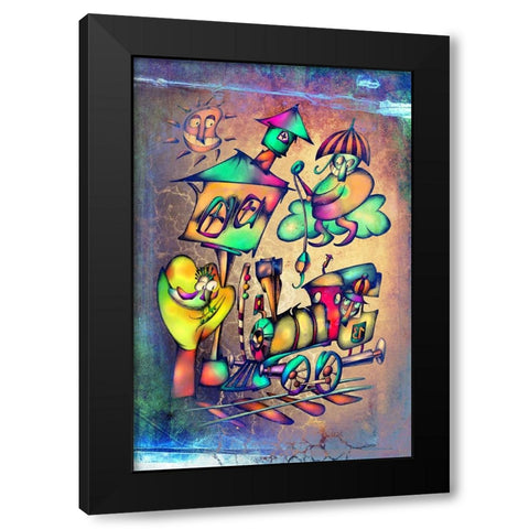 The umbrella man catches the locomotive Black Modern Wood Framed Art Print by Kulik, Rafal