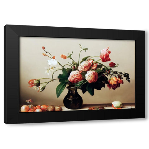 Pink Peony Black Modern Wood Framed Art Print by Treechild