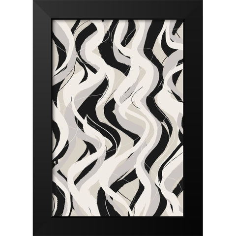 Beige Grey Black Waves Pattern Black Modern Wood Framed Art Print by Treechild