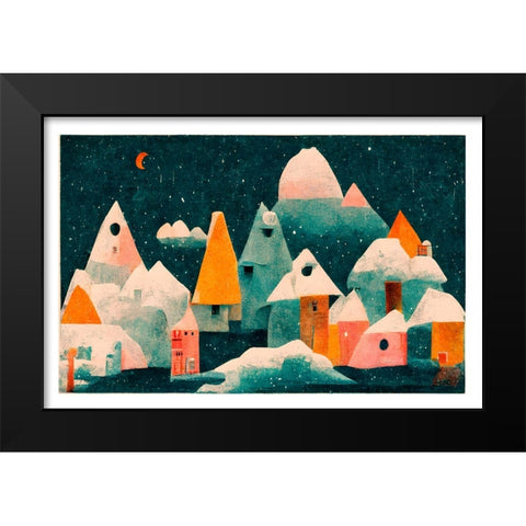 Little Village With Moon Black Modern Wood Framed Art Print by Treechild
