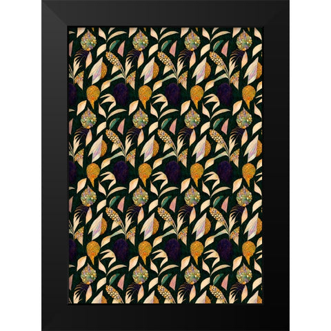 Leafs And Corn Pattern Black Modern Wood Framed Art Print by Treechild