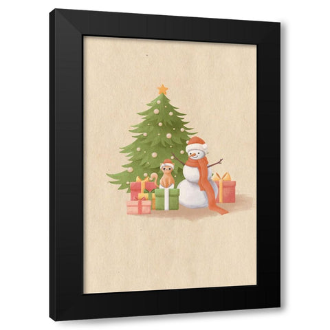 Snowman And Cat Black Modern Wood Framed Art Print with Double Matting by Thai, Xuan