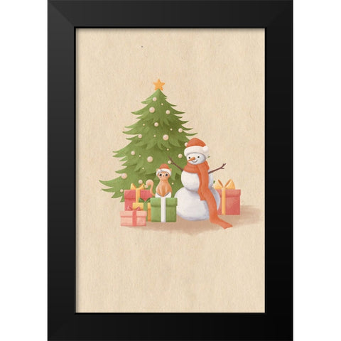 Snowman And Cat Black Modern Wood Framed Art Print by Thai, Xuan