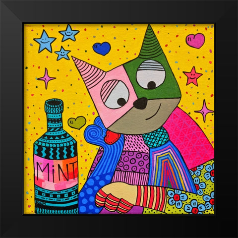 Cat and bottle of mint Black Modern Wood Framed Art Print by Khamitova, Gulnara