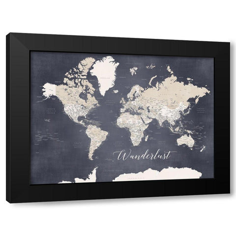 Wanderlust World Map Glyn Black Modern Wood Framed Art Print by Laiz Blursbyai, Rosana
