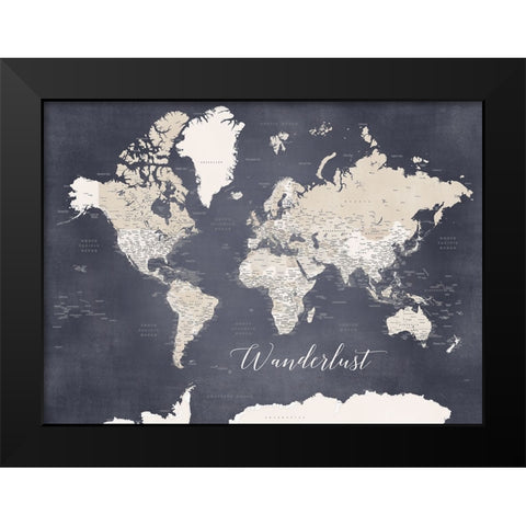 Wanderlust World Map Glyn Black Modern Wood Framed Art Print by Laiz Blursbyai, Rosana