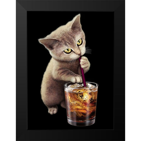 Cat and Soft Drink Black Modern Wood Framed Art Print by Lawless, Adam
