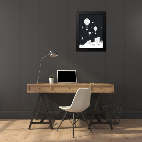 Balloons and the city Black Modern Wood Framed Art Print by Solti, Balazs