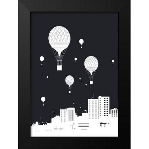 Balloons and the city Black Modern Wood Framed Art Print by Solti, Balazs