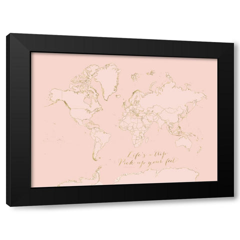 Inspirational pink and gold world map Black Modern Wood Framed Art Print with Double Matting by Laiz Blursbyai, Rosana