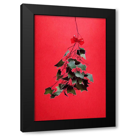 Mistletoe With Red Bow Black Modern Wood Framed Art Print by Treechild