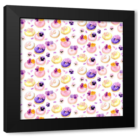 Floral watercolor donuts pattern Black Modern Wood Framed Art Print with Double Matting by Laiz Blursbyai, Rosana