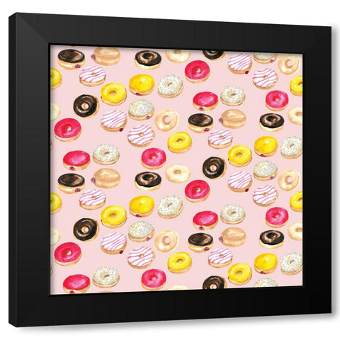 Watercolor donuts pattern in pink Black Modern Wood Framed Art Print by Laiz Blursbyai, Rosana