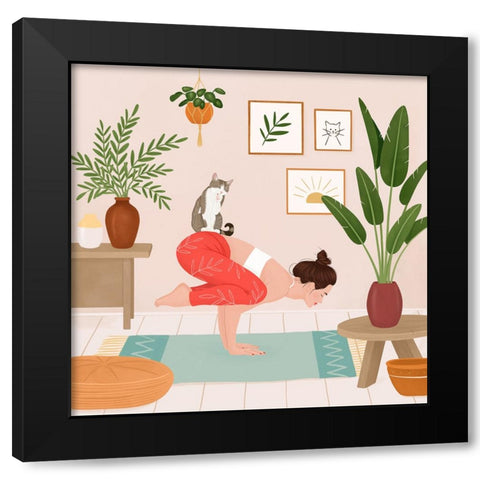Cat Yoga Black Modern Wood Framed Art Print by Holikova, Petra