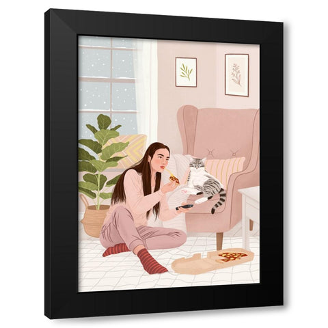 Pizza Night Black Modern Wood Framed Art Print by Holikova, Petra