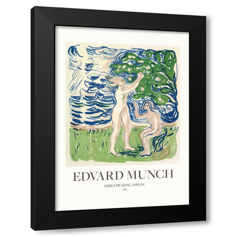 Girls Picking Apples Black Modern Wood Framed Art Print with Double Matting by Pictufy