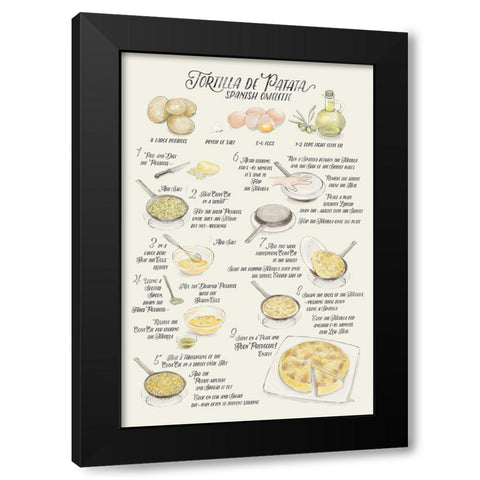 Illustrated recipe of tortilla de patata in English Black Modern Wood Framed Art Print by Laiz Blursbyai, Rosana
