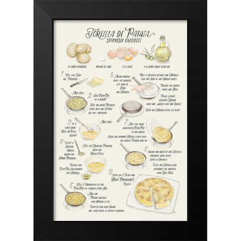 Illustrated recipe of tortilla de patata in English Black Modern Wood Framed Art Print by Laiz Blursbyai, Rosana