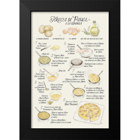 Illustrated recipe of tortilla de patata in Spanish Black Modern Wood Framed Art Print by Laiz Blursbyai, Rosana