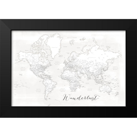 Wanderlust - detailed world map with cities - Maeli white Black Modern Wood Framed Art Print by Laiz Blursbyai, Rosana