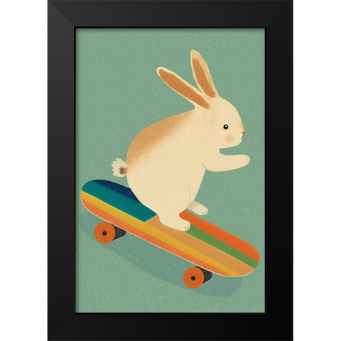 Bunny On Skateboard Black Modern Wood Framed Art Print by Treechild