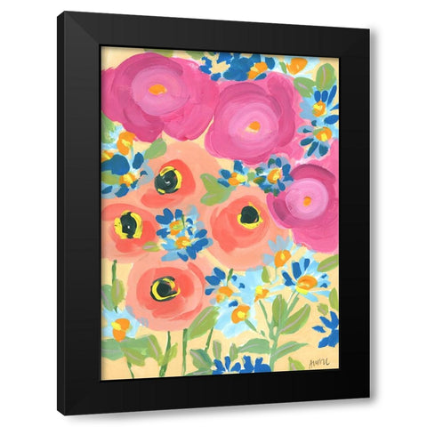 Pink Roses And Coral Anemones Black Modern Wood Framed Art Print by Zwara, Ania