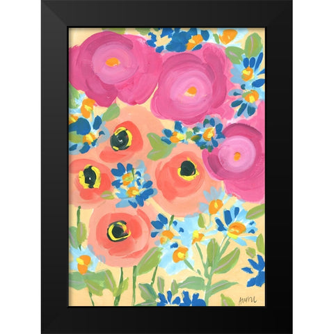 Pink Roses And Coral Anemones Black Modern Wood Framed Art Print by Zwara, Ania