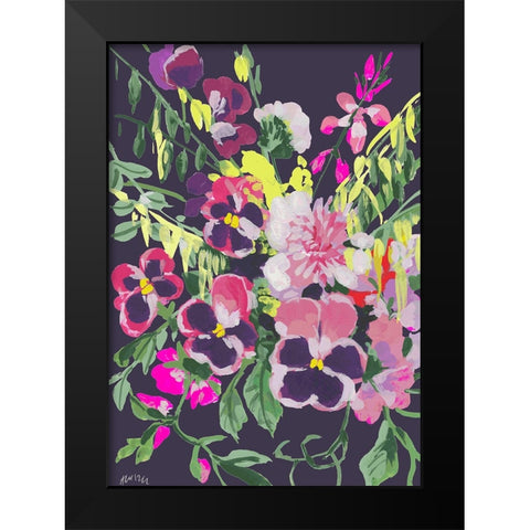 Pink Pansies On Dark Purple Black Modern Wood Framed Art Print by Zwara, Ania