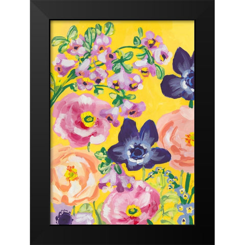 Navy Anemones On Yellow Black Modern Wood Framed Art Print by Zwara, Ania