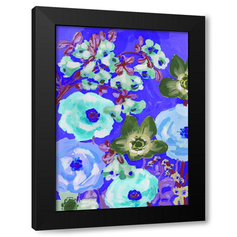 Green Anemones On Cobalt Blue Black Modern Wood Framed Art Print by Zwara, Ania