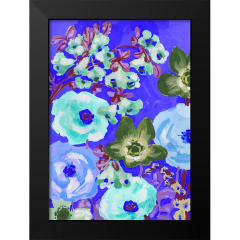 Green Anemones On Cobalt Blue Black Modern Wood Framed Art Print by Zwara, Ania