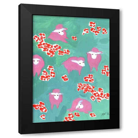 Pink Sheep On A Green Meadow Black Modern Wood Framed Art Print with Double Matting by Zwara, Ania