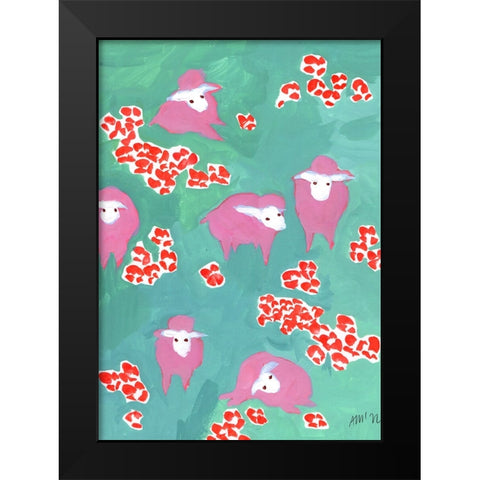 Pink Sheep On A Green Meadow Black Modern Wood Framed Art Print by Zwara, Ania