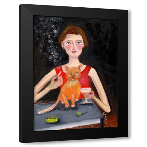 Vintage woman with cocktail and cat Black Modern Wood Framed Art Print with Double Matting by Bursic, Sharyn
