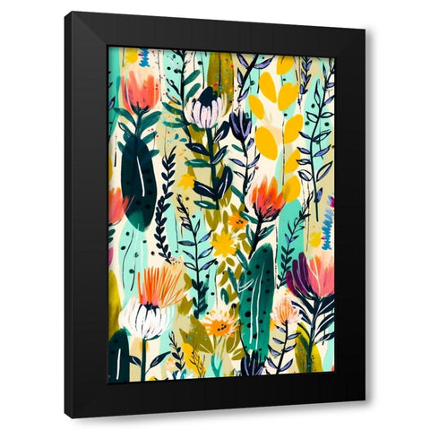 Rain Of Flowers Black Modern Wood Framed Art Print by Treechild