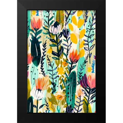 Rain Of Flowers Black Modern Wood Framed Art Print by Treechild
