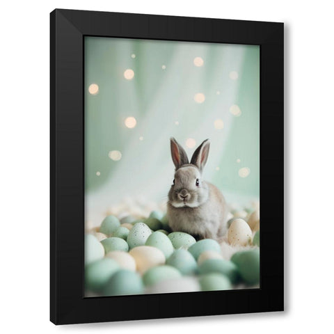 Bunny and Pastel Eggs Black Modern Wood Framed Art Print by Treechild