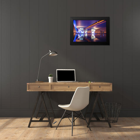 Al Garhoud Bridge-Night Black Modern Wood Framed Art Print by Work, Robert