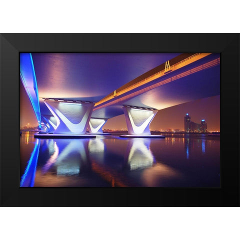 Al Garhoud Bridge-Night Black Modern Wood Framed Art Print by Work, Robert