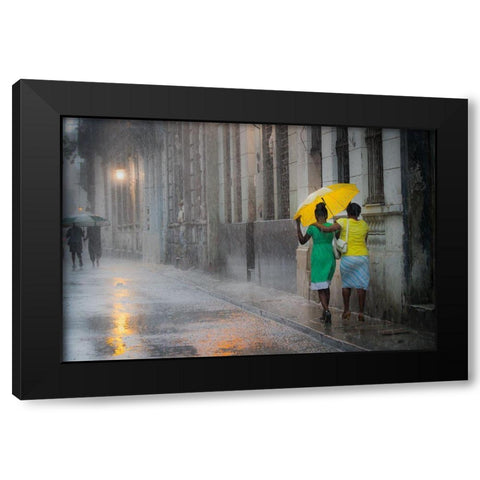 Yellow Umbrella (Rainy Day In Havana) Black Modern Wood Framed Art Print with Double Matting by Willyams, Paul