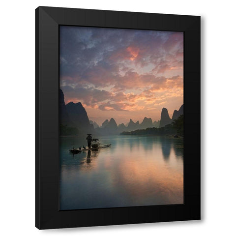 Li River Sunrise Black Modern Wood Framed Art Print by Zhang, Yan