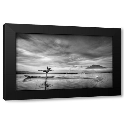Man Behind The Nets Black Modern Wood Framed Art Print with Double Matting by Siswandhono, Arief