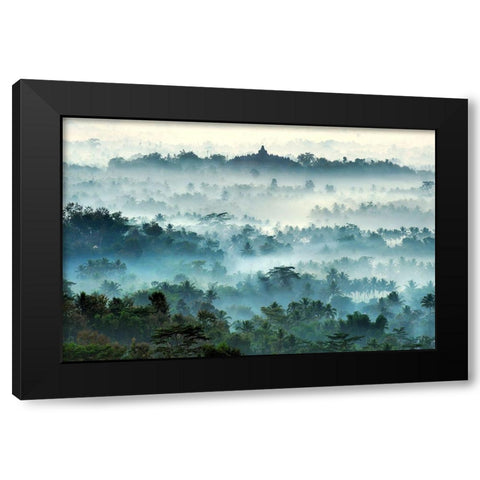 Misty Borobudur Black Modern Wood Framed Art Print by Ramdani