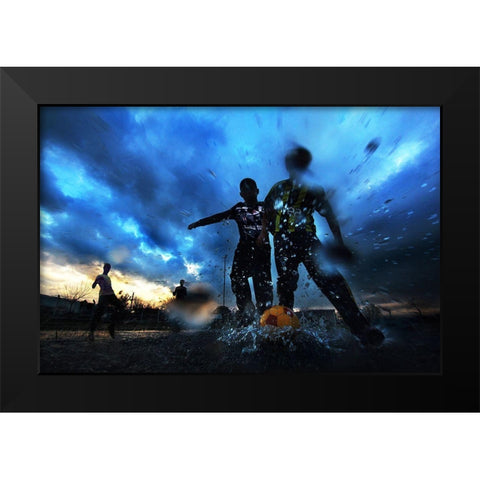 Water And Football Black Modern Wood Framed Art Print by Kuzeyemir