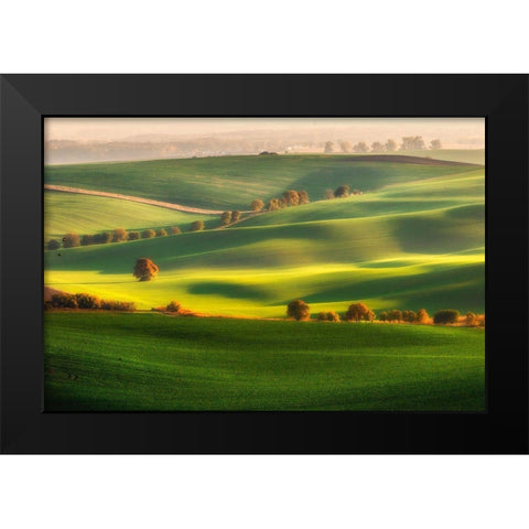 Green Fields Black Modern Wood Framed Art Print by Krol, Piotr