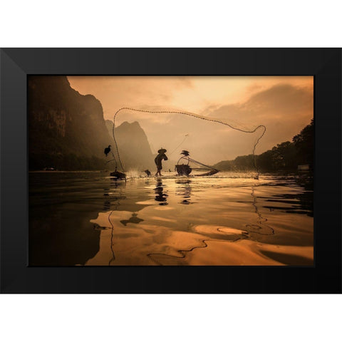 Spread The Fish Nets Black Modern Wood Framed Art Print by Song, Gunarto