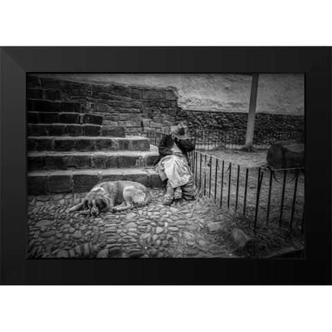 Portrait Of A Woman And Her Dog Black Modern Wood Framed Art Print by Faber, Wave
