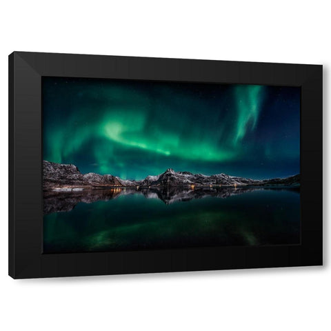 Lofoten Aurora Reflection Black Modern Wood Framed Art Print by De La, Javier