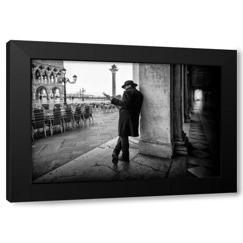 Mister B. Still Reads Newspapers Black Modern Wood Framed Art Print by Schleicher-Schwarz, Roswitha