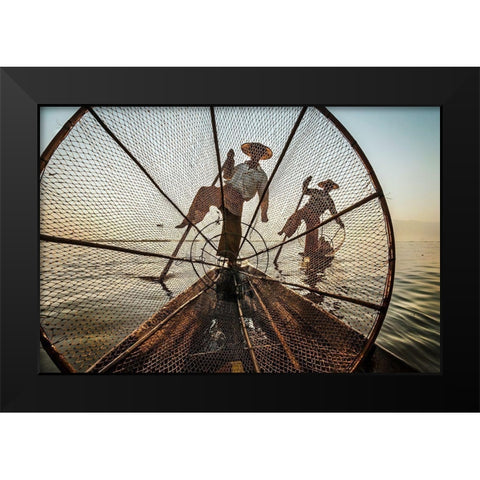 Intha Fishermen Black Modern Wood Framed Art Print by Martinelli, Michele